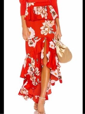 Misa Los Angeles Vibrant Red Orange Peplum Ruffle Slit Maxi Skirt